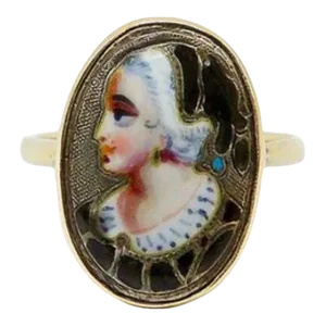 Circa 1850's 9K Gold Early Victorian English Enamel Portrait Ring Size 6.25