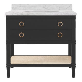 Matthew Izzo Home Cutler 36.5" Matte Black Lacquer, 2 Drawer Single Porcelain Sink Bath Vanity W/Carrara Marble Top, Brass Pulls, and Caned Open Shelf For Sale