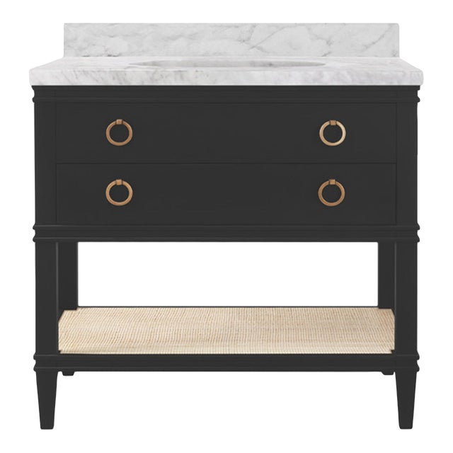 Matthew Izzo Home Cutler 36.5" Matte Black Lacquer, 2 Drawer Single Porcelain Sink Bath Vanity W/Carrara Marble Top, Brass Pulls, and Caned Open Shelf For Sale