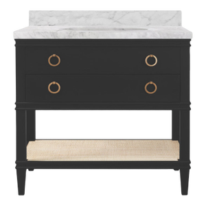 Matthew Izzo Home Cutler 36.5" Matte Black Lacquer, 2 Drawer Single Porcelain Sink Bath Vanity W/Carrara Marble Top, Brass Pulls, and Caned Open Shelf