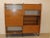 Bookcase in sycamore with secretaire from around 1960, composed of sliding doors in glass and sycamore, a flap and an open...