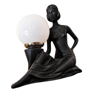 Art Deco Table Lamp with Female Sculpture and Opaline Globe, 1950s For Sale