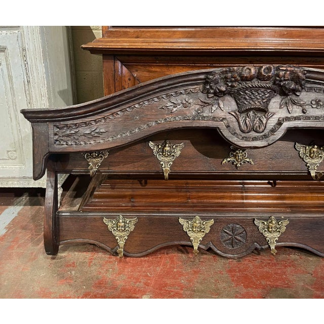 French Mid-19th Century French Carved Oak Hanging Shelf With Hooks From Normandy For Sale - Image 3 of 11