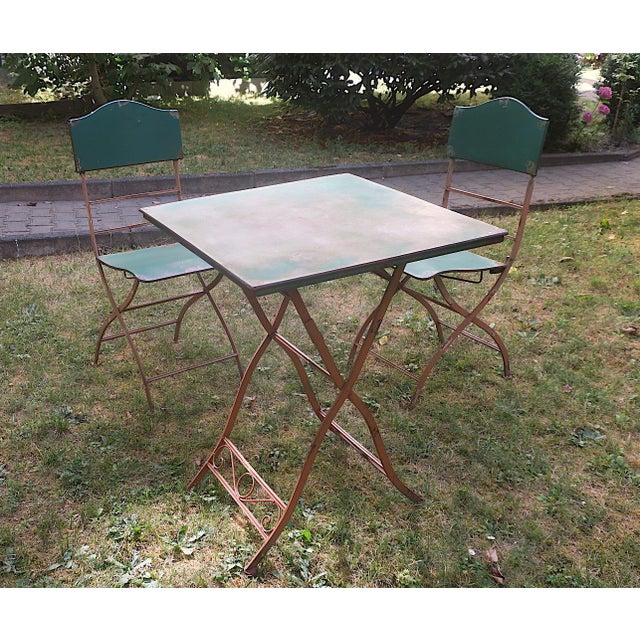 Metal Mid-Century Distressed Painted Iron Garden Table and Chairs, Set of 3 For Sale - Image 7 of 17