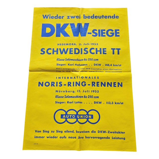 Original Poster DKW Motorcycle Victories Swedish Tt., 1953 For Sale