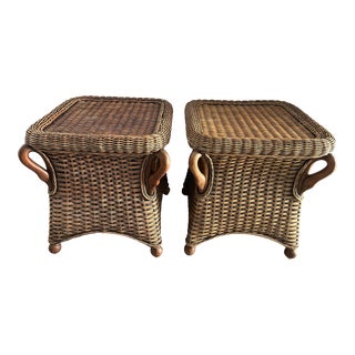 Mid 20th Century Rattan Side Tables With Swan Neck Corners and Ball Feet, a Pair For Sale