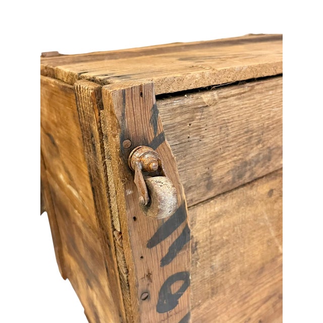 Antique Handmade Folk Art Wood Box Crate Table With Wheels For Sale - Image 17 of 18