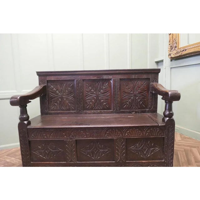 Oak High Back Settle with Carved Back Panels, 17th Century For Sale - Image 3 of 8