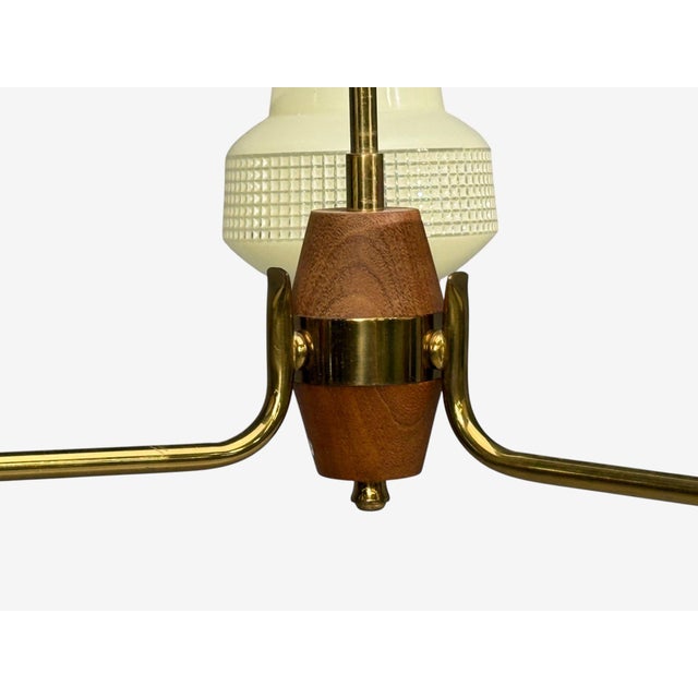 Swedish Modern, Pendant Light, Brass Teak, Textured Glass, Sweden, 1950s For Sale - Image 9 of 9