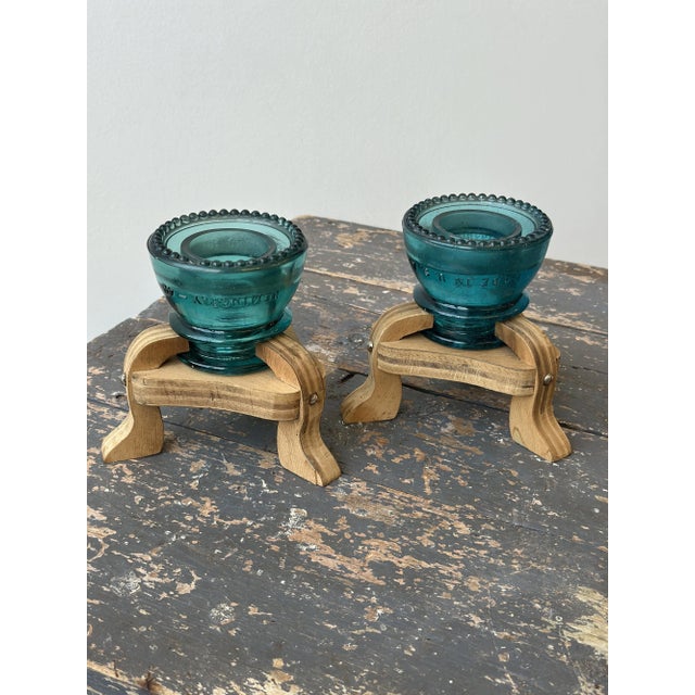 Mid 20th Century Vintage Make-Do Hemingray Glass Insulator Candleholders With Laminated Wood Bases, a Pair, Circa Mid 20th Century For Sale - Image 5 of 18