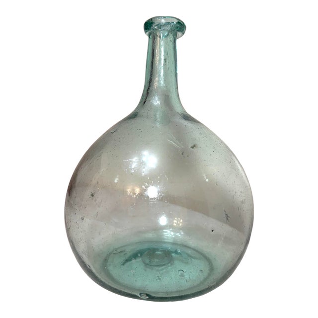 Antique 1797-30 Gallatin-Kramer Glassworks Hand Blown Glass Aqua Bulbous Bottle For Sale