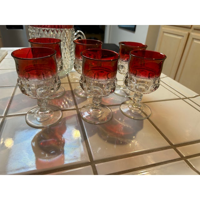 1960s Mid Century Indiana Glass Cranberry Pitcher and Six Glasses For Sale - Image 4 of 5
