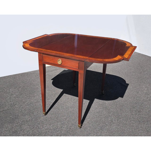 Victorian Vintage Baker Furniture Pembroke Drop Leaf Side Table Inlay Design One Drawer #2 For Sale - Image 3 of 17