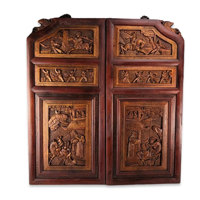 Chinese Chinese Carved Door Panels Lacquer Wood Wall Panel Art 33" For Sale - Image 3 of 12