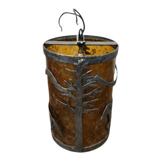 Vintage Mid 20th Century Rustic Amber With Gray Metal Horses Cylindrical Ceiling Mount Hanging Light For Sale