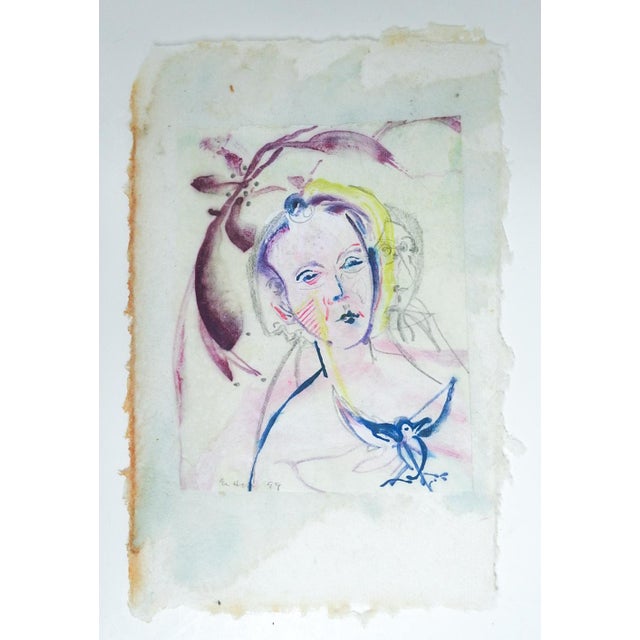 Art Deco Modernist 1999 Purple Blue Watercolor Portrait Painting For Sale - Image 3 of 3
