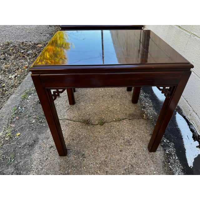 Late 20th Century Pair of Mahogany Chinese Chippendale Style End Tables With Writing Surfaces For Sale In Houston - Image 6 of 8