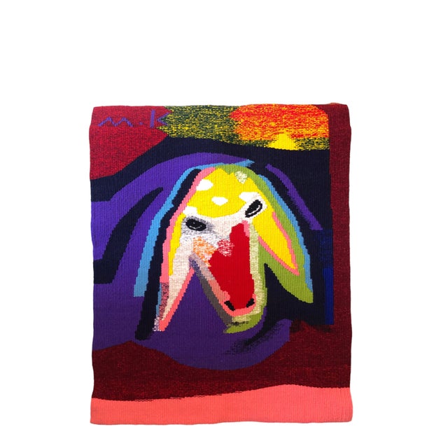 Menashe Kadishman, Israeli Hand Woven Colorful Wool Tapestry Weaving Menashe Kadishman Sheep Head For Sale - Image 9 of 14