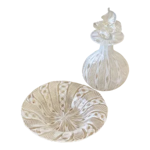 Vintage Murano White + Clear Latticino Blown Glass Perfume Bottle + Dish Suite, Circa 1960s