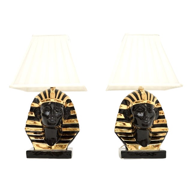 Vintage Italian Ceramic Pharaoh Table Lamps, 1980s, Set of 2 For Sale