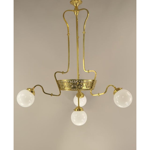 Art Nouveau Brass Chandelier with Four Light Sources from Bavaria, Germany, 1910s For Sale - Image 11 of 11