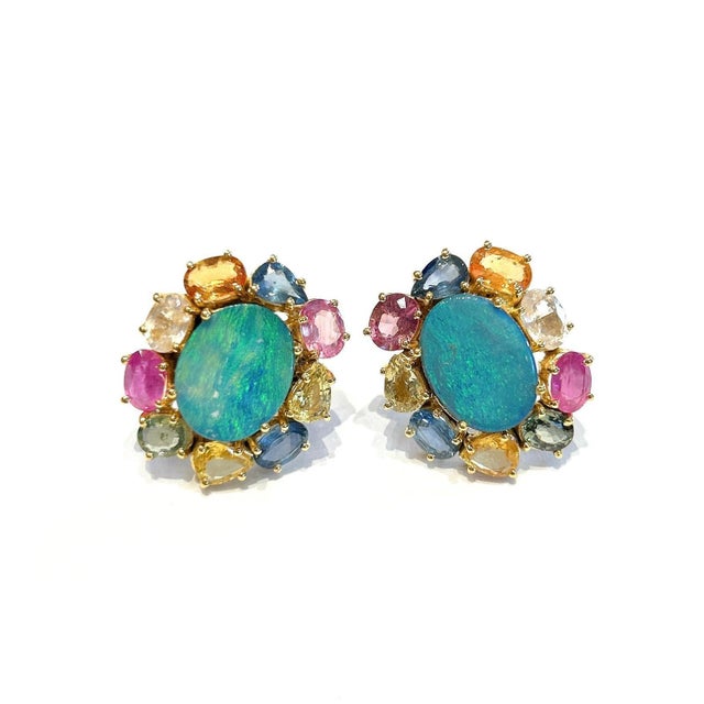 Bochic "Orient" Vintage Opal & Multi Fancy Sapphire Earrings 18K Gold&Silver For Sale - Image 18 of 18