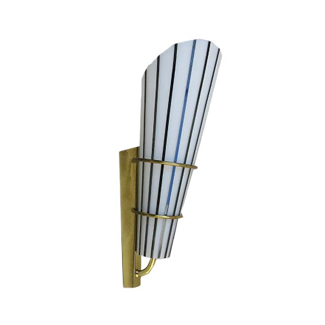 Italian Black and White Striped Enamel Glass and Brass Sconces, 1950s, Set of 4 For Sale