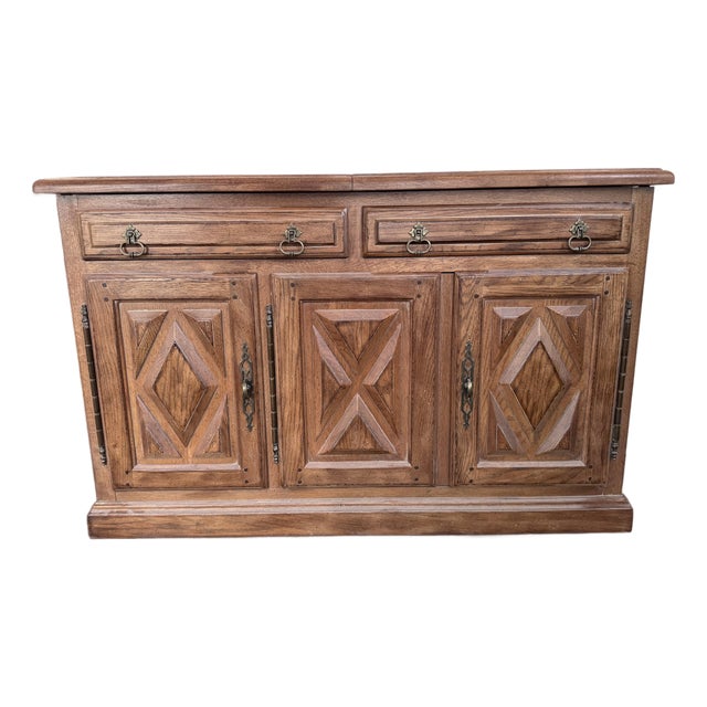 1980s European-Farmhouse Solid Oak Sideboard Bar Cabinet For Sale