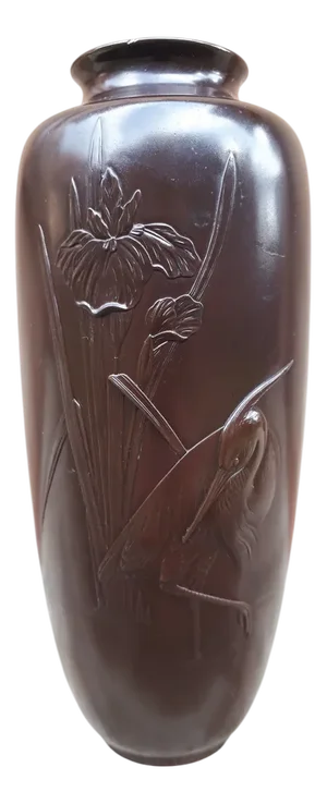 Meiji Era Bronze Vase with Egret Decoration by Mazayuki, Japan, 1890s