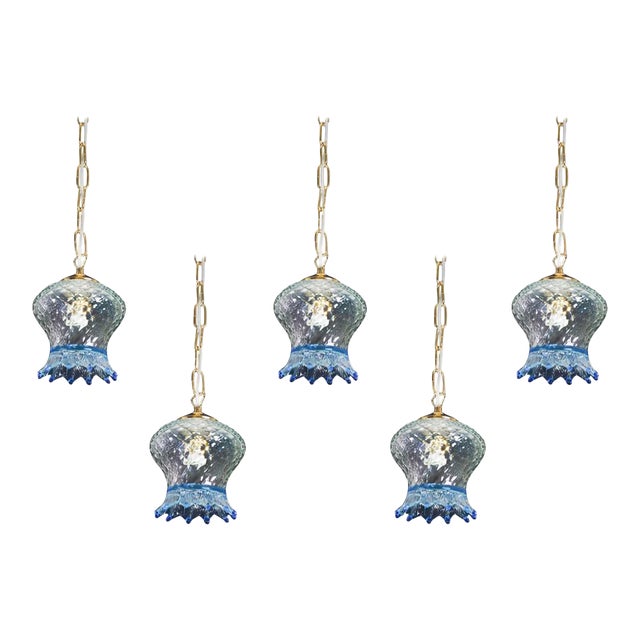 1980s Murano Glass Pendant Lights, Blue & Transparent - Set of 5 For Sale