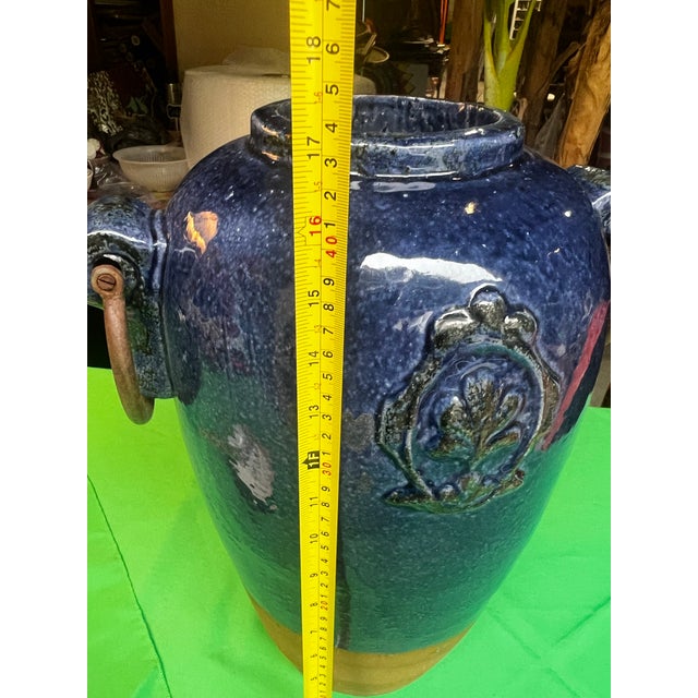 1970s Oversized Blue Ceramic Vase With Metal Ears For Sale - Image 10 of 11