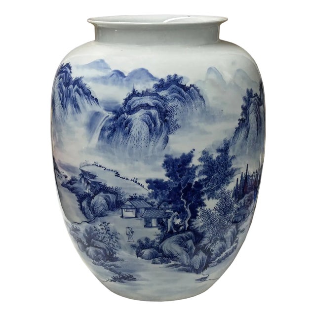 Chinese Blue White Handpaint Mountain Tree Scenery Porcelain Vase For Sale