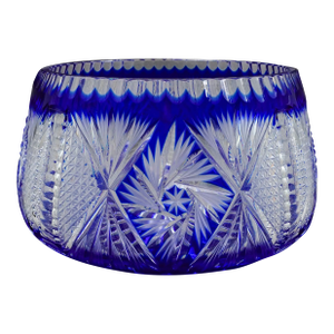 Mid 20th Century Czech Bohemian Cobalt Blue Cut to Clear Crystal Round Centerpiece Bowl