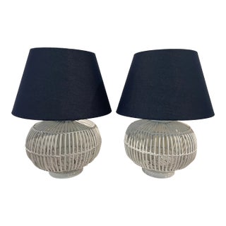 Lauren Ralph Lauren White Rattan Table Lamps With Navy Shades - a Pair For Sale