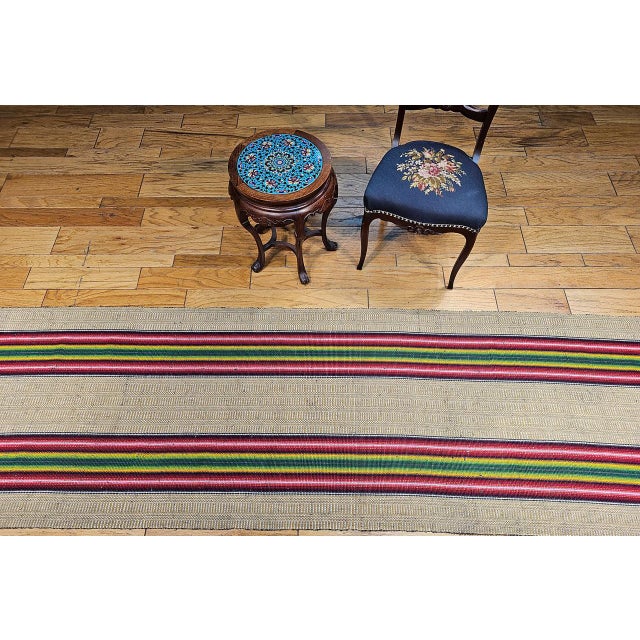 Vintage American Rag Runner, Handwoven Stripe Pattern, Tan, Green & Magenta, 3x13 For Sale - Image 13 of 13