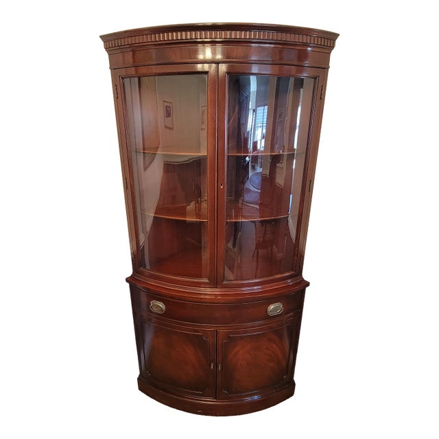 1940s Regency Bow Front Flame Mahogany Corner Cabinet by Morganton Furniture For Sale