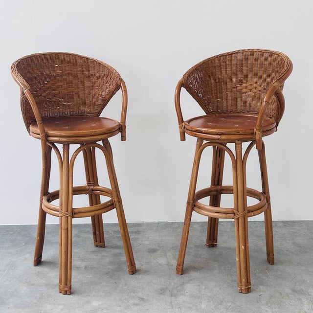 Swivel Rattan Bar Stools, France, 1970s, Set of 2 For Sale - Image 13 of 13