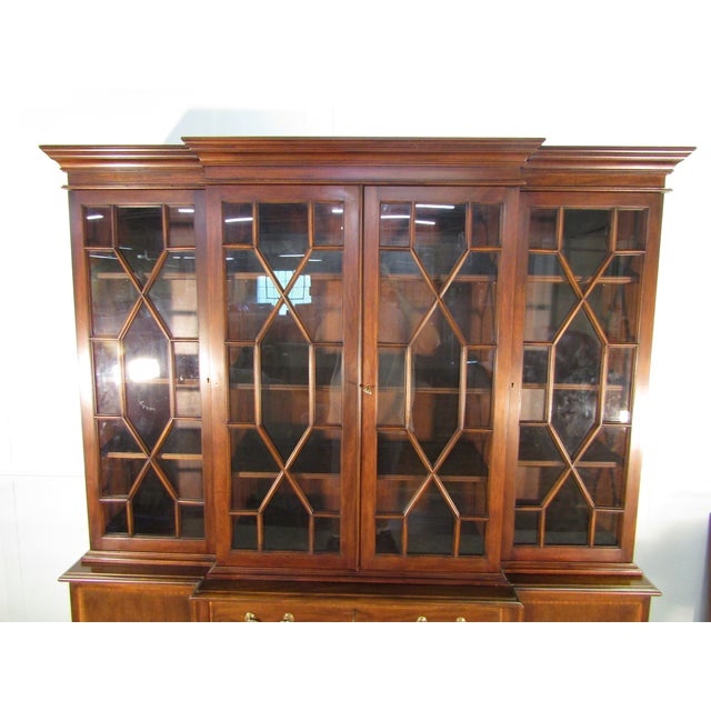 1960s Henkel Harris Solid Mahogany Banded Two Piece China Cabinet For Sale - Image 5 of 13