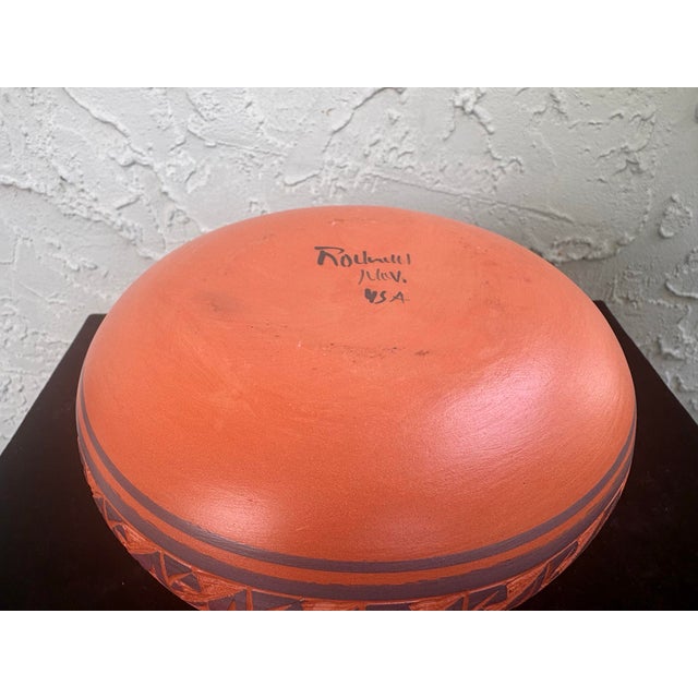 Ceramic Signed Native American Mesa Verde Pottery Carved Red Earth Vessel With Certificate of Authenticity For Sale - Image 7 of 9
