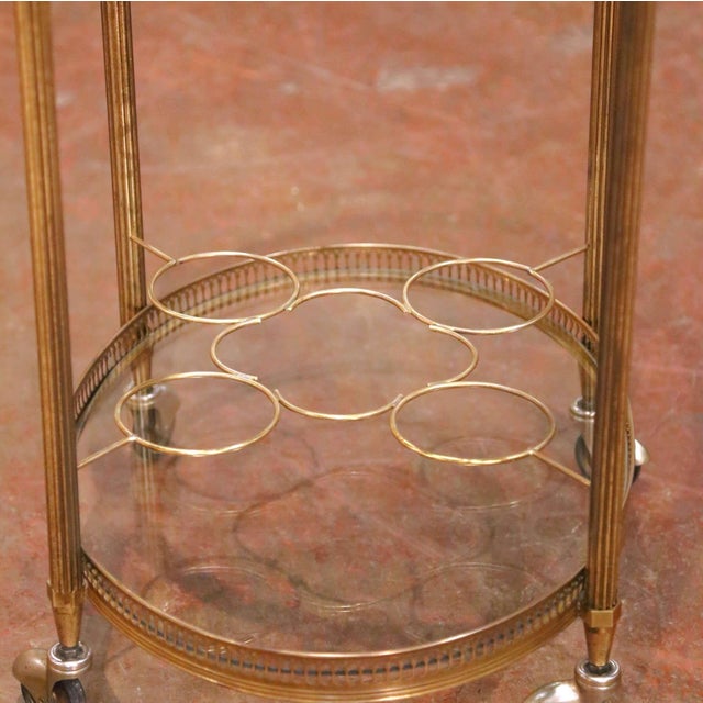 Metal Mid-Century French Brass Oval Bar Cart With Bottle Holder and Glass Shelf For Sale - Image 7 of 9
