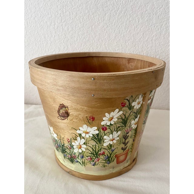 Vintage Indoor Wooden Folk Art Country Cottage Farmhouse Motif Hand-Painted Planter/Basket/Bucket For Sale - Image 17 of 18