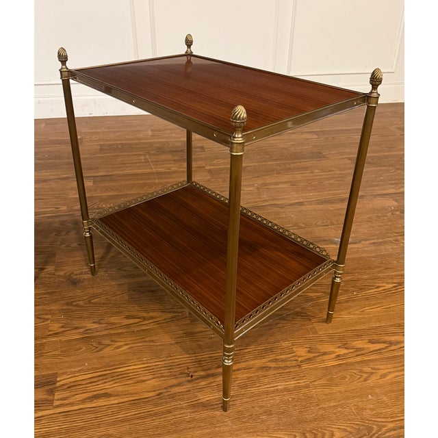 Pair of Two Tiered Brass and Wood End Tables by Leighton Hall - Showroom Samples For Sale - Image 16 of 17