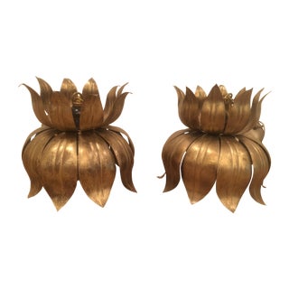 Brass "Lotus" Pendant Chandeliers - Pair For Sale