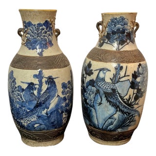 Antique 1800s Chinese Blue & White Vases W/Crackle Glaze - A Pair For Sale