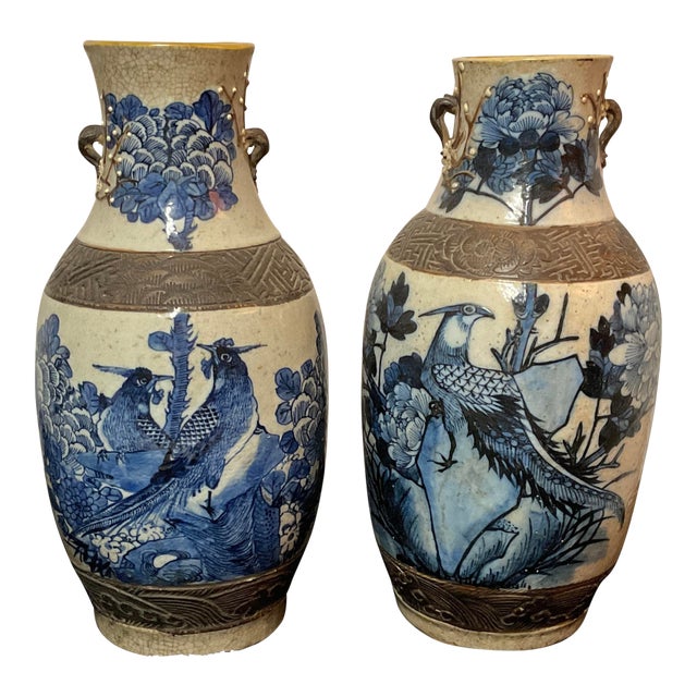 Antique 1800s Chinese Blue & White Vases W/Crackle Glaze - A Pair For Sale