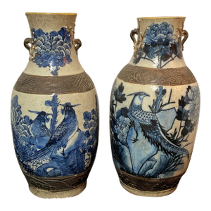 Antique 1800s Chinese Blue & White Vases W/Crackle Glaze - A Pair