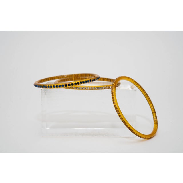 Vintage Trio of 3 Amber Colored Celluloid Bangle Bracelets With Colored Rhinestones 30's For Sale In Miami - Image 6 of 6