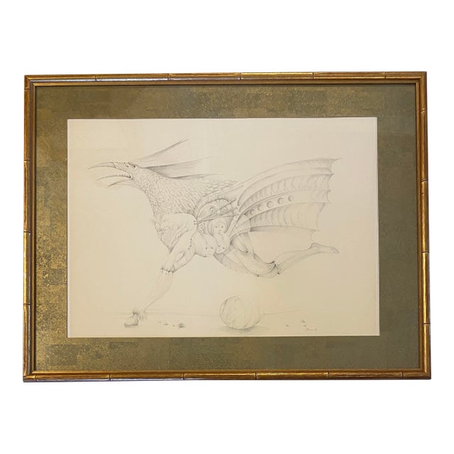 French Surrealist Graphite Drawing Hybrid Creature Dated 1974 Attri. Antoine Duc For Sale