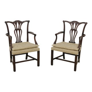 Pair Vintage 1920s Carved Mahogany Chippendale Armchairs For Sale