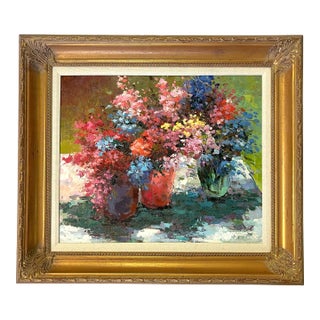 Original Signed and Framed Impressionist Flowers Oil Painting on Canvas For Sale